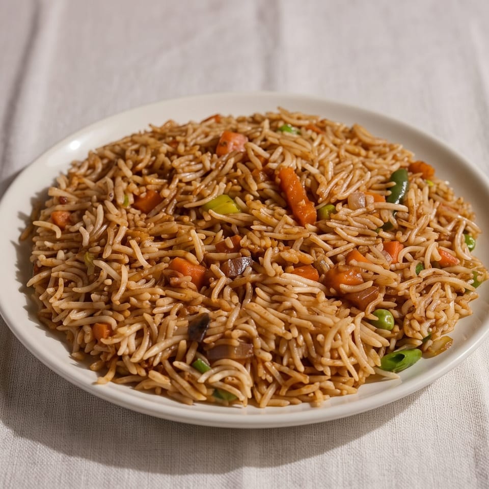 A white plate filled with vegetable fried rice, featuring carrots, peas, and green onions.