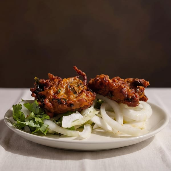 Two golden-brown pakoras, garnished with fresh cilantro and sliced onions, on a white plate.