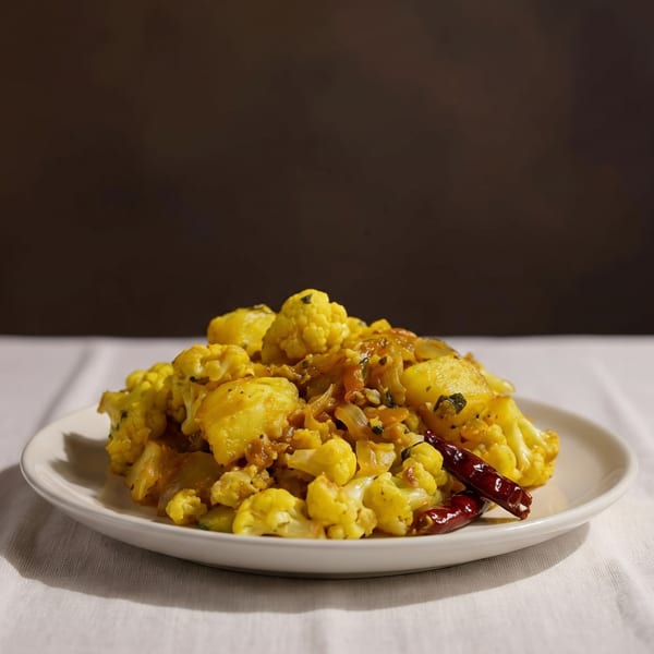 A white plate holds a vibrant yellow cauliflower and potato curry, garnished with red chilies.