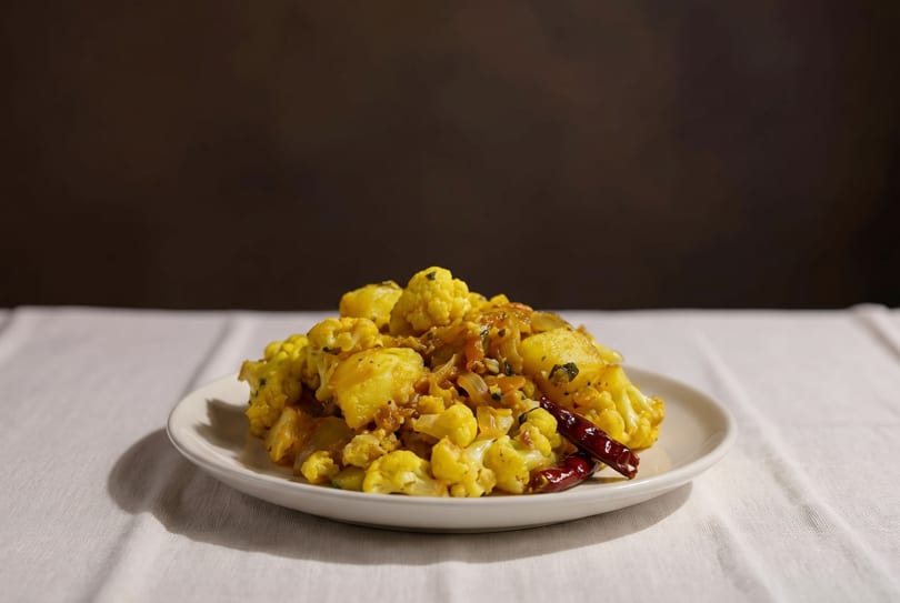 A white plate holds a vibrant yellow cauliflower and potato curry, garnished with red chilies.