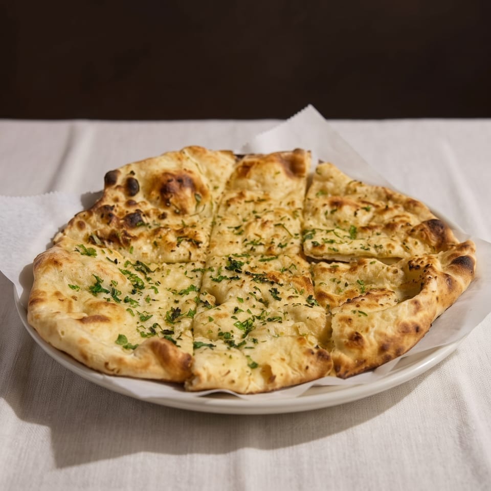 A round, golden-brown naan bread, cut into squares and topped with green herbs, on a white plate.
