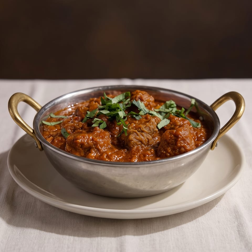 Rich, red curry with meat chunks and fresh herbs in a metal bowl on a white tablecloth.