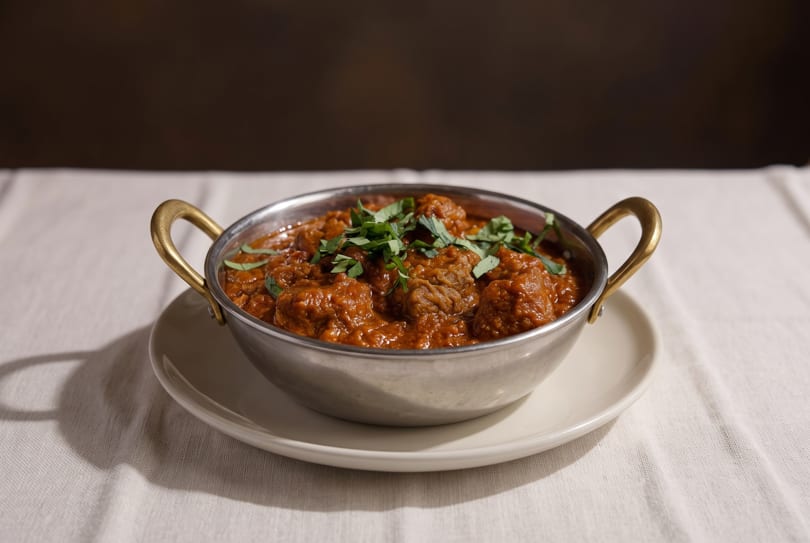 Rich, red curry with meat chunks and fresh herbs in a metal bowl on a white tablecloth.