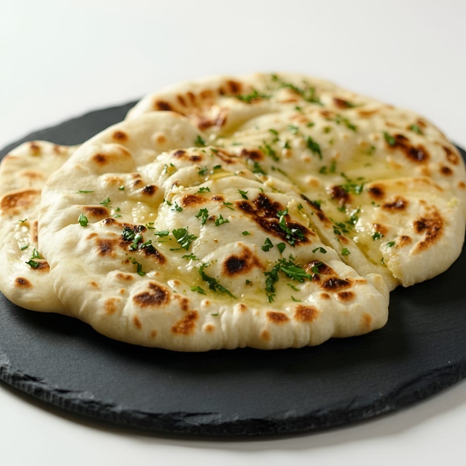 Two pieces of golden-brown naan bread, drizzled with butter and sprinkled with fresh parsley, on a dark plate.